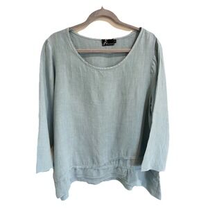 Fenini 100% Linen Layered Hem Tunic Women's M Blue Scoop Neck Boxy Lagenlook